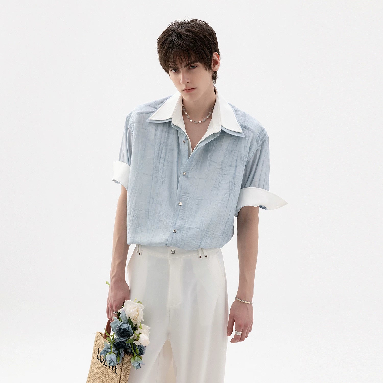 CHOR Fake Two-piece Ink Roll-sleeved Splicing Short-sleeved Shirt