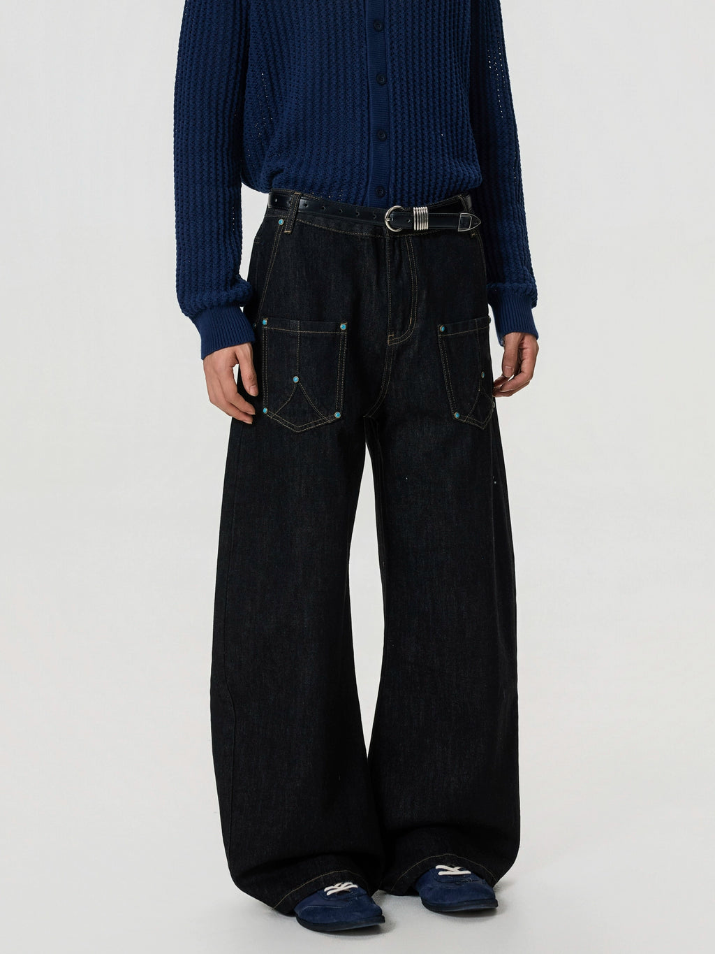 BTSG Vintage Stitching Turquoise Crash Nailed Jeans