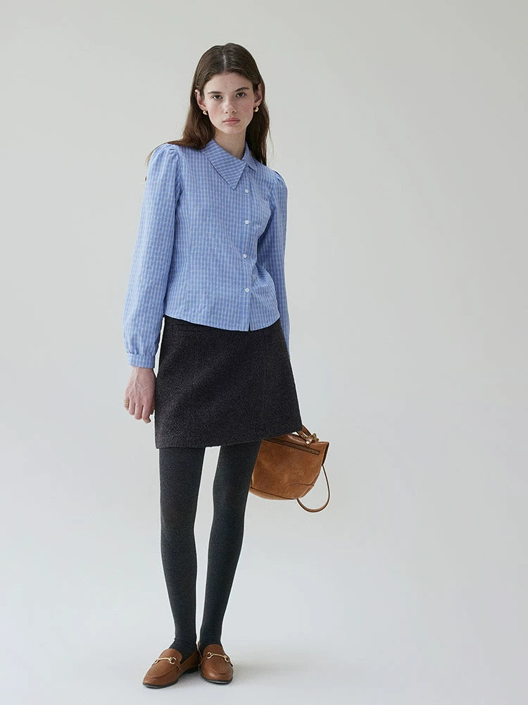 VOOE Irregular Flip-neck Contrasting Plaid Shirt