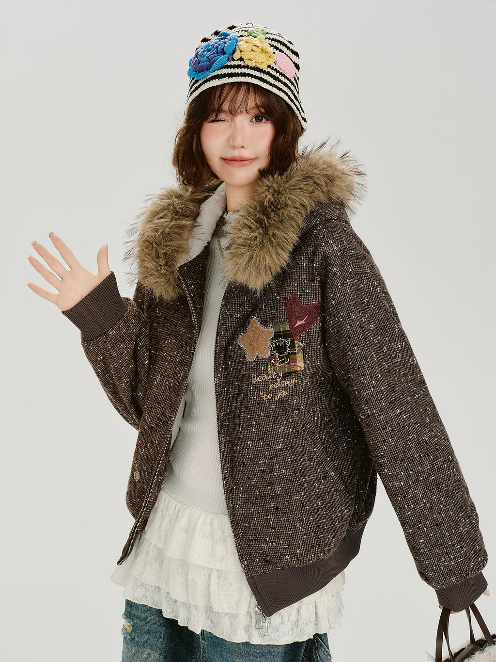Girlyhalo Vintage Fur Collar Hooded Embroidered Jacket
