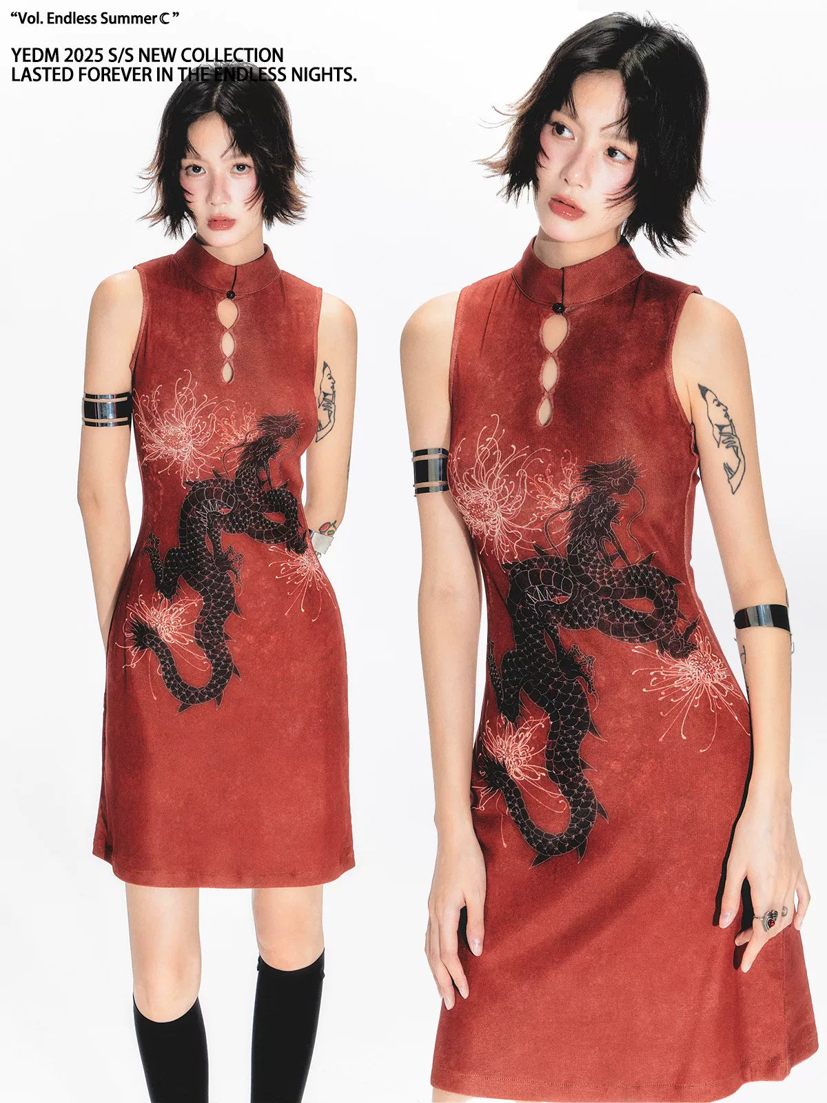 YEDM Dragon Print Cheongsam Stand-up Collar Sleeveless Dress