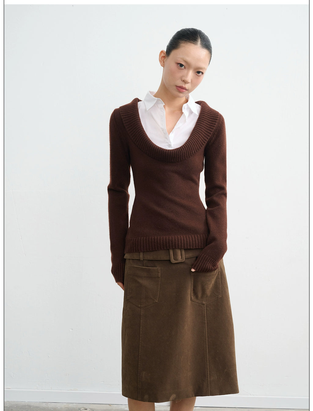 LINY LIBERTY Deep U-neck Fake Two-piece Slim-fit Knitted Sweater