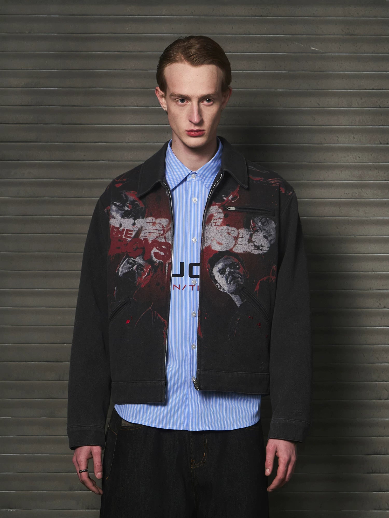 WHOOSIS Figure Print Embroidered Frayed Thin Cotton Jacket