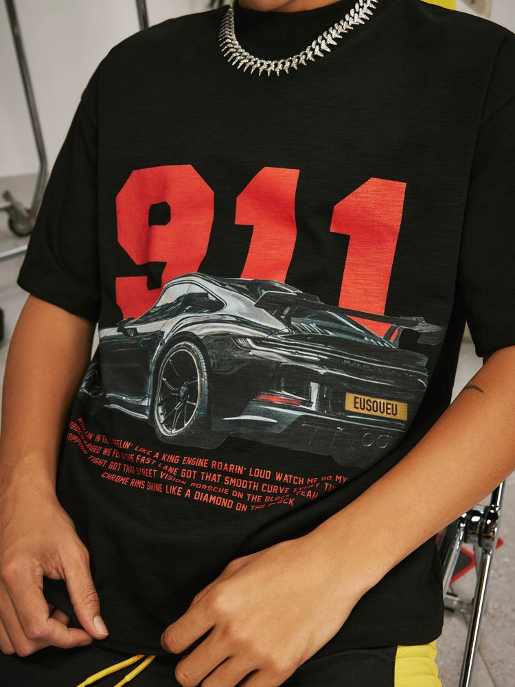 EUSOUEU White Ink Direct Injection Slub Cotton 911 Porsche Tee