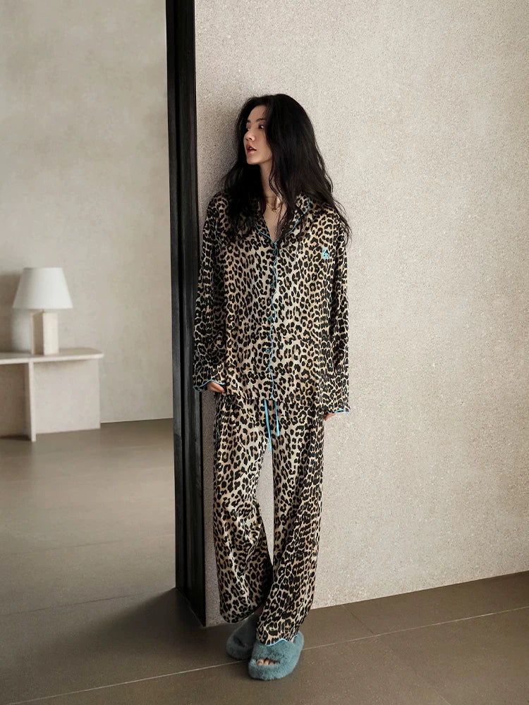YUENEI Fashion Leopard Print Ice Silk Long-sleeved Trousers Pajamas