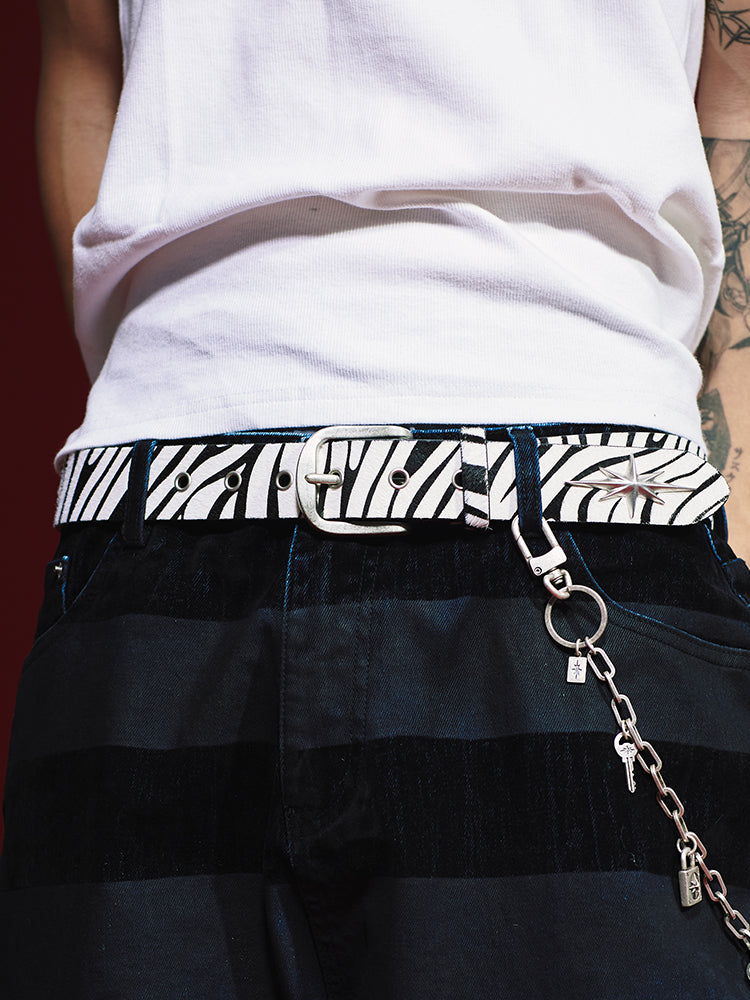 Remedy metal octagram zebra print real horse fur belt