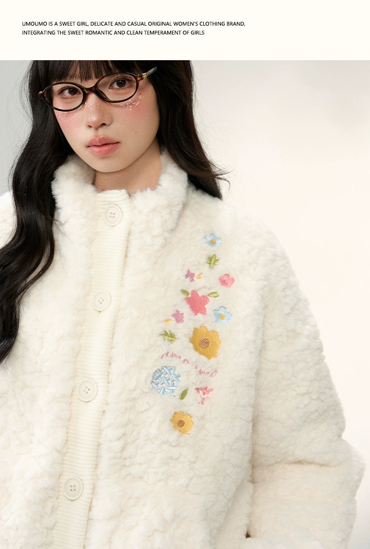 Umoumo Flower Embroidery Knitted Splicing Stand-up Collar Fur Jacket
