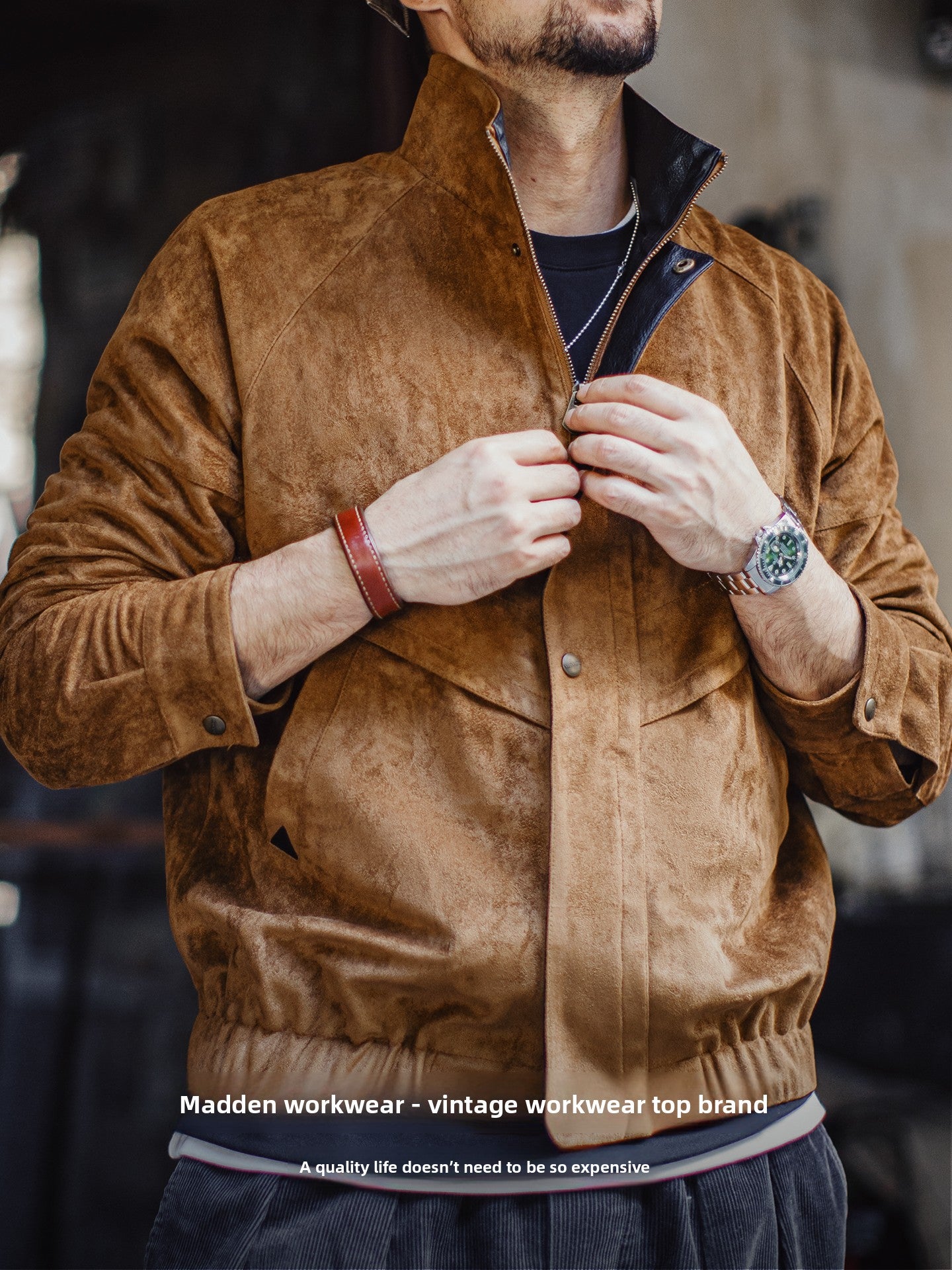 Madden Vintage Suede Coach Stand-Up Collar Fur Jacket