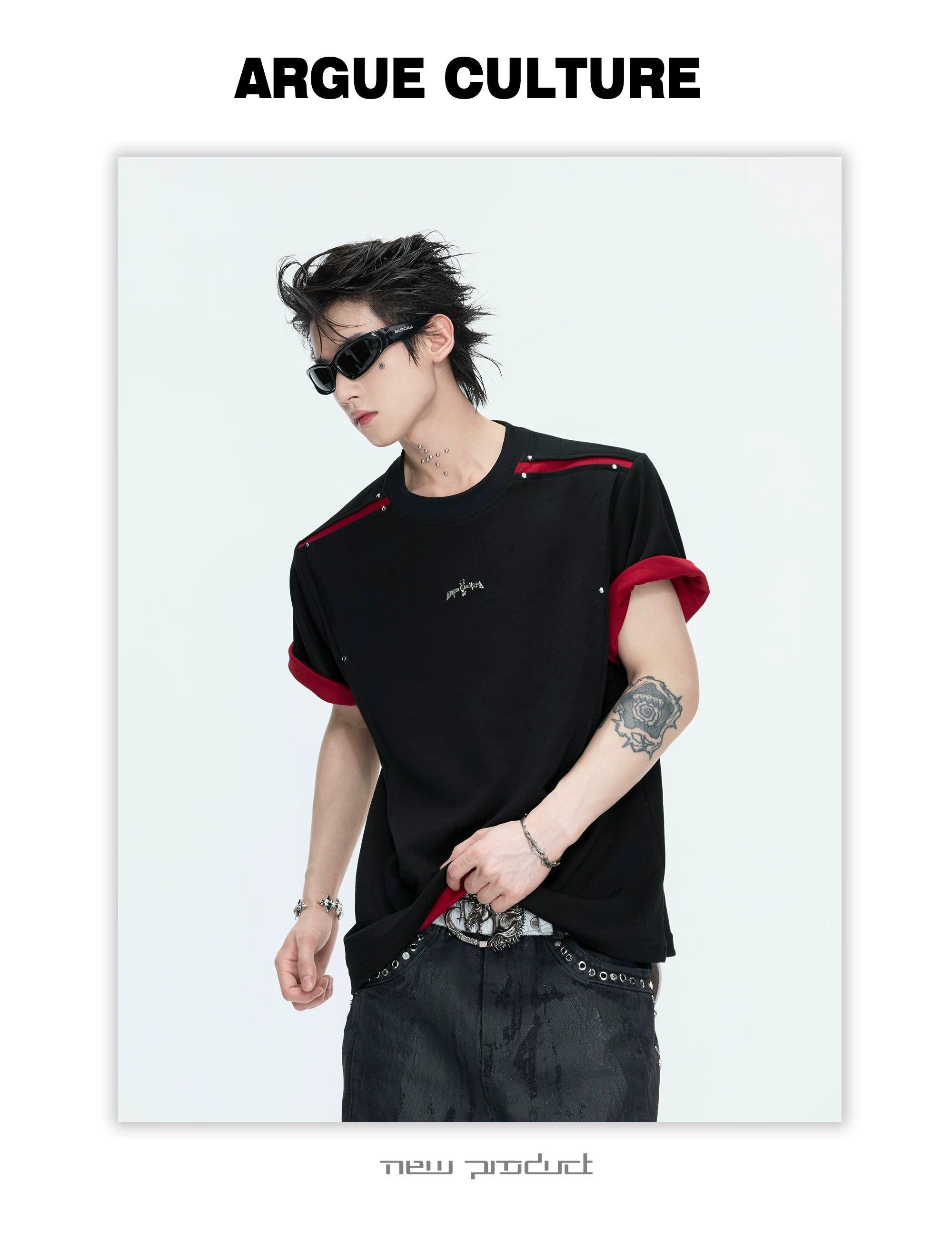 ArguECulturE Contrast Color Round Neck Front Shoulder Simple Tee