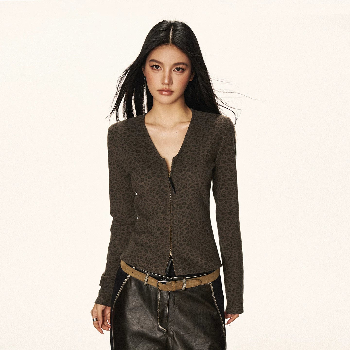 Cherry Melody Retro Leopard V-neck Double Zipper Long Sleeve