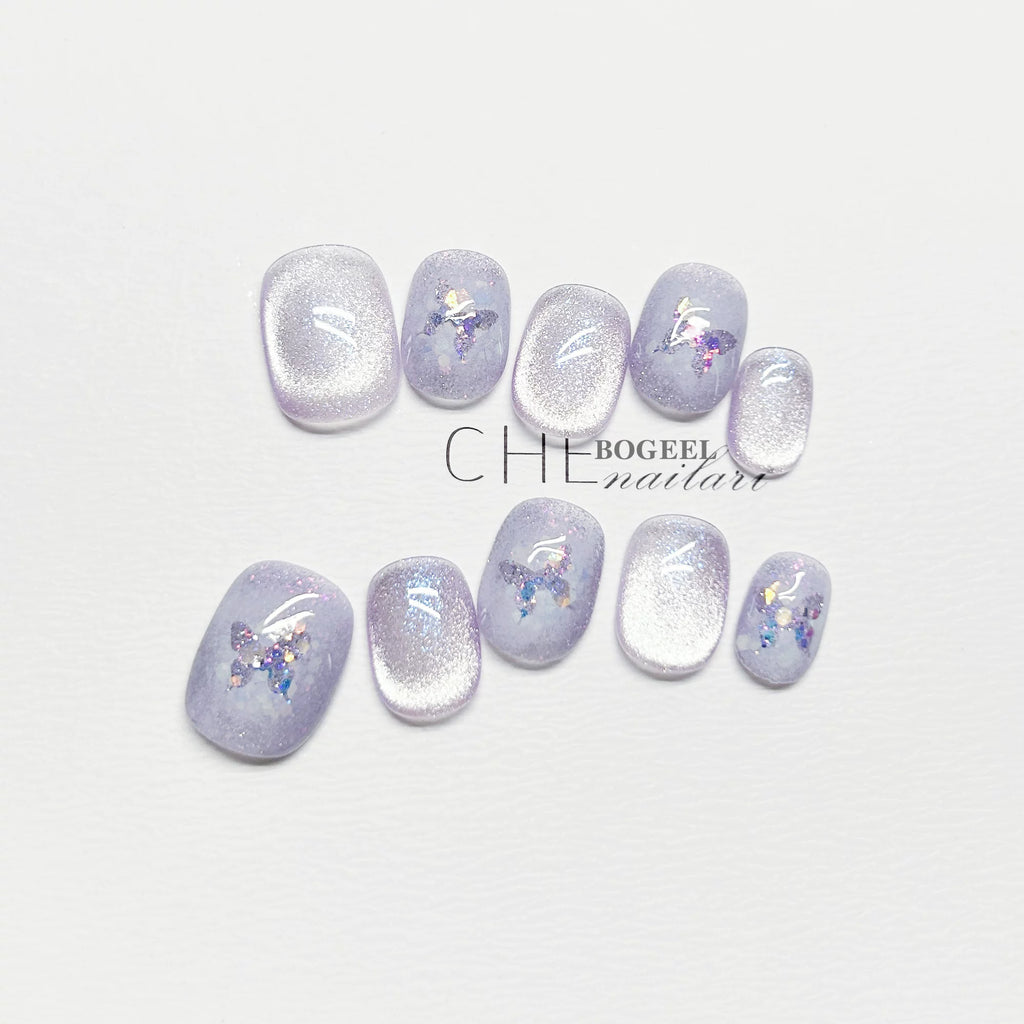 BOGEEL Purple Butterfly Cat Eye White Fairy Air Nail Sticker