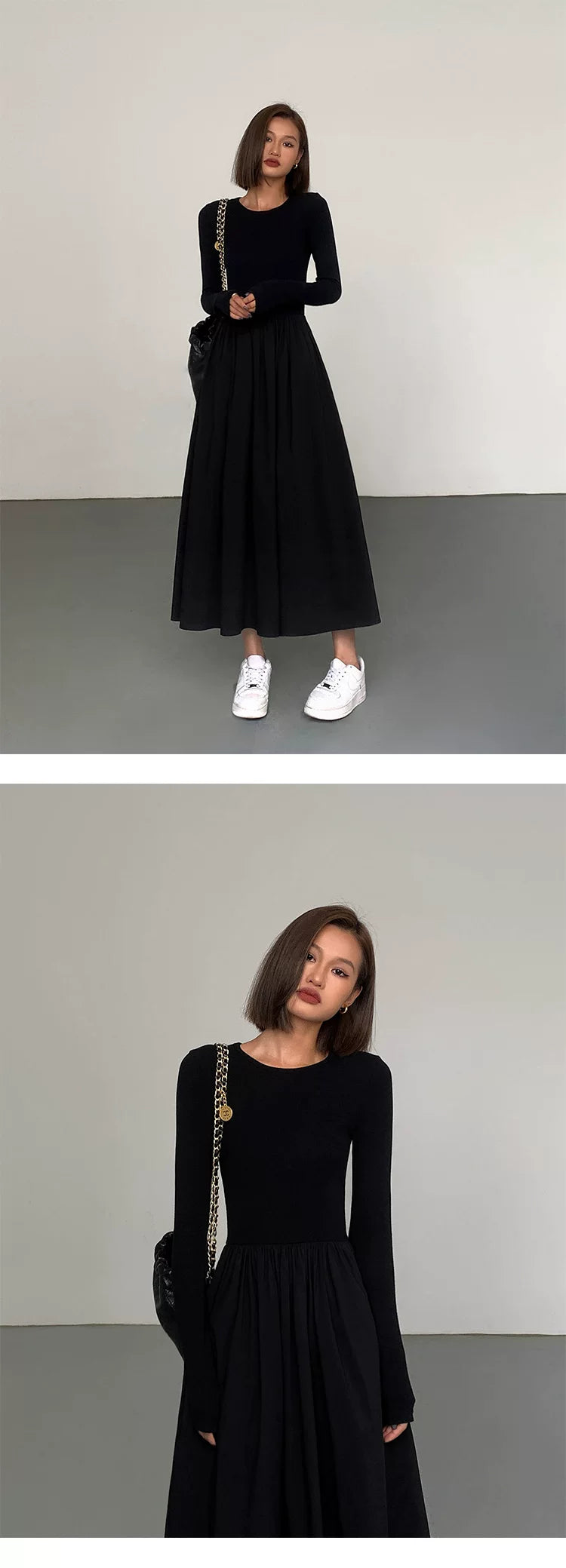 OUSPH Crew Neck Long Sleeve Knitted Dress