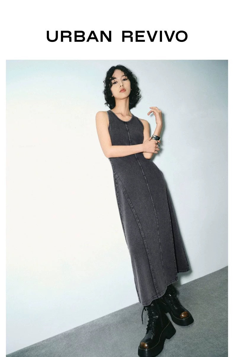 URBAN REVIVO Old Washing Water Dividing Line Design Sense Sleeveless Dress
