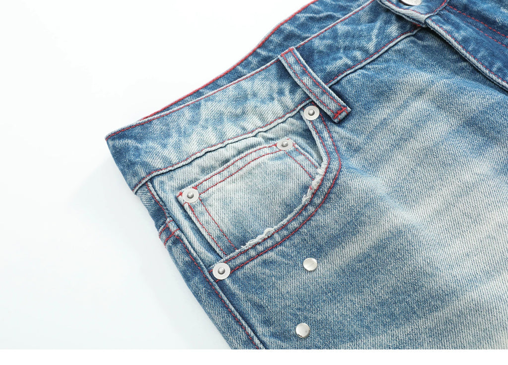 No E Mosen Plaid Rivet Pull Jeans