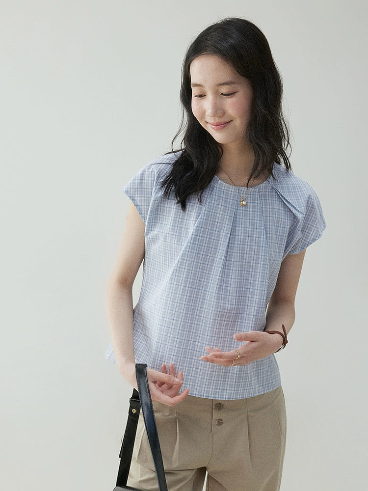 VOOE Contrast Checked Pleated Loose Fly Sleeve Shirt