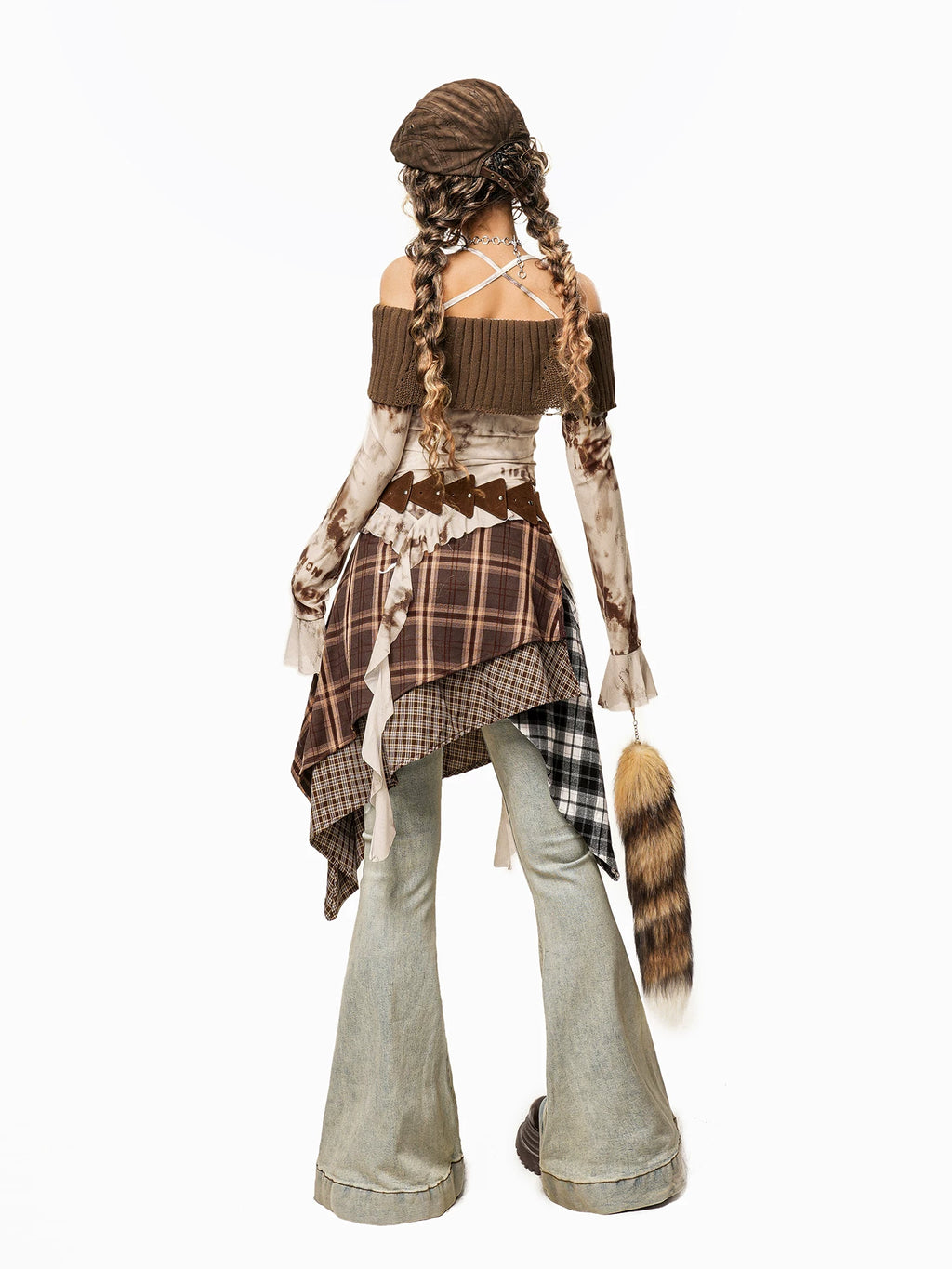 Arielink Retro Tie-dye Mesh Horn Sleeve One-word Shoulder Long Sleeve
