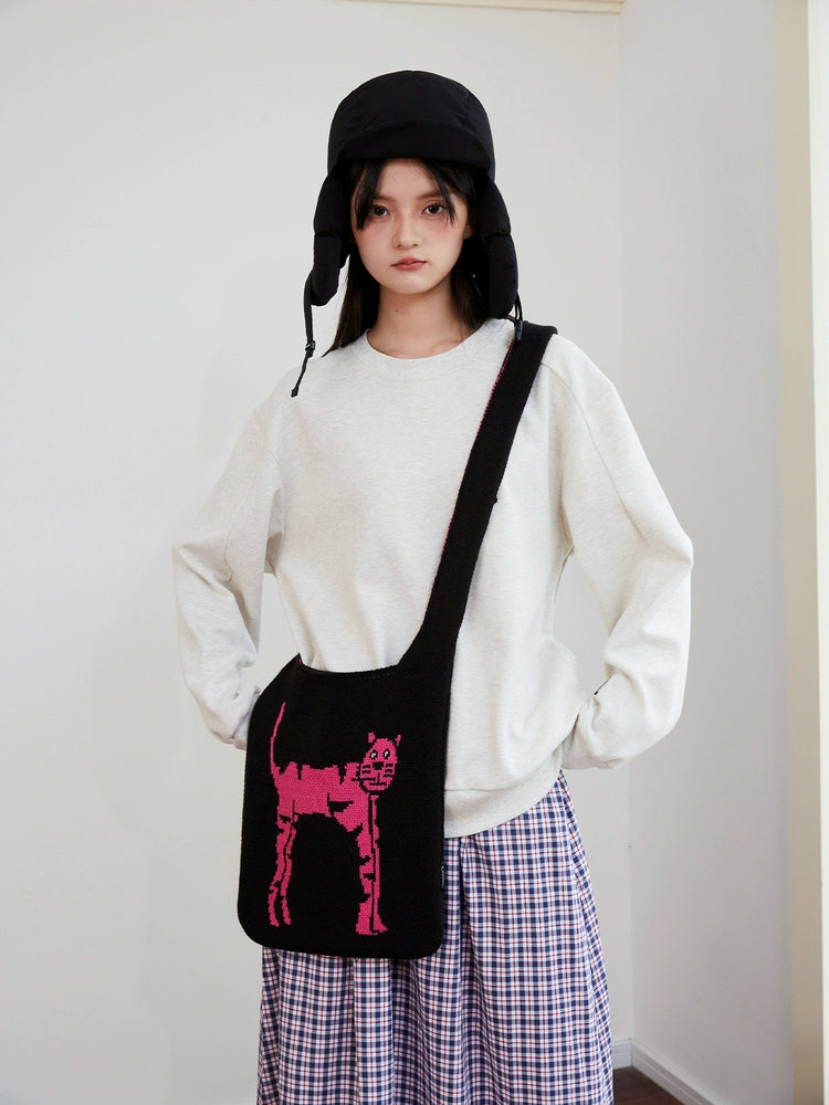 Mood Like Me Knitted Yarn Pink Cat Illustration Jacquard Crossbody Bag