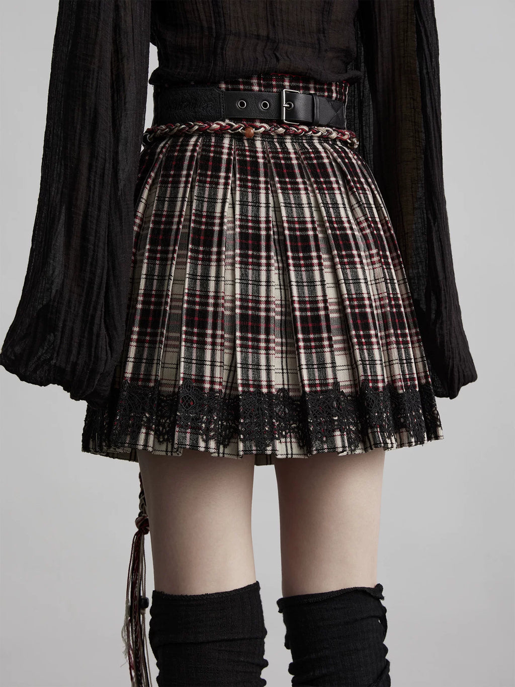 INDULGE Checked Lace Stitching Skirt