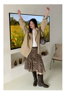 Kano Stitching Elegant Chiffon Leopard Print Skirt