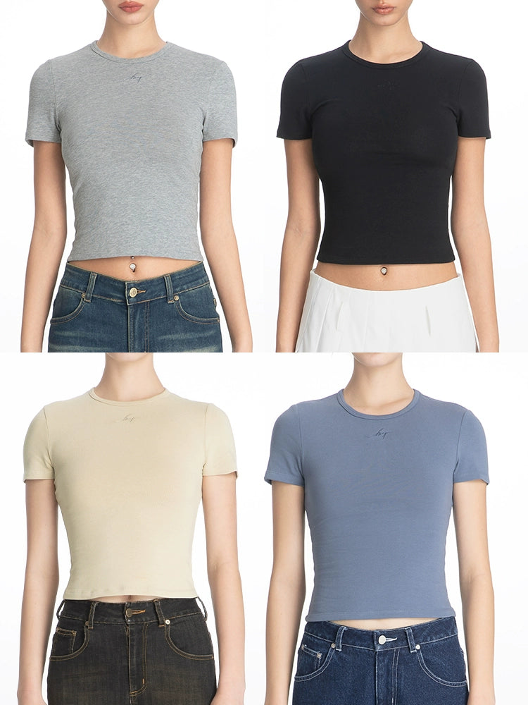 ABMY Crew Neck Front Shoulder Versatile Slim Waist Tee