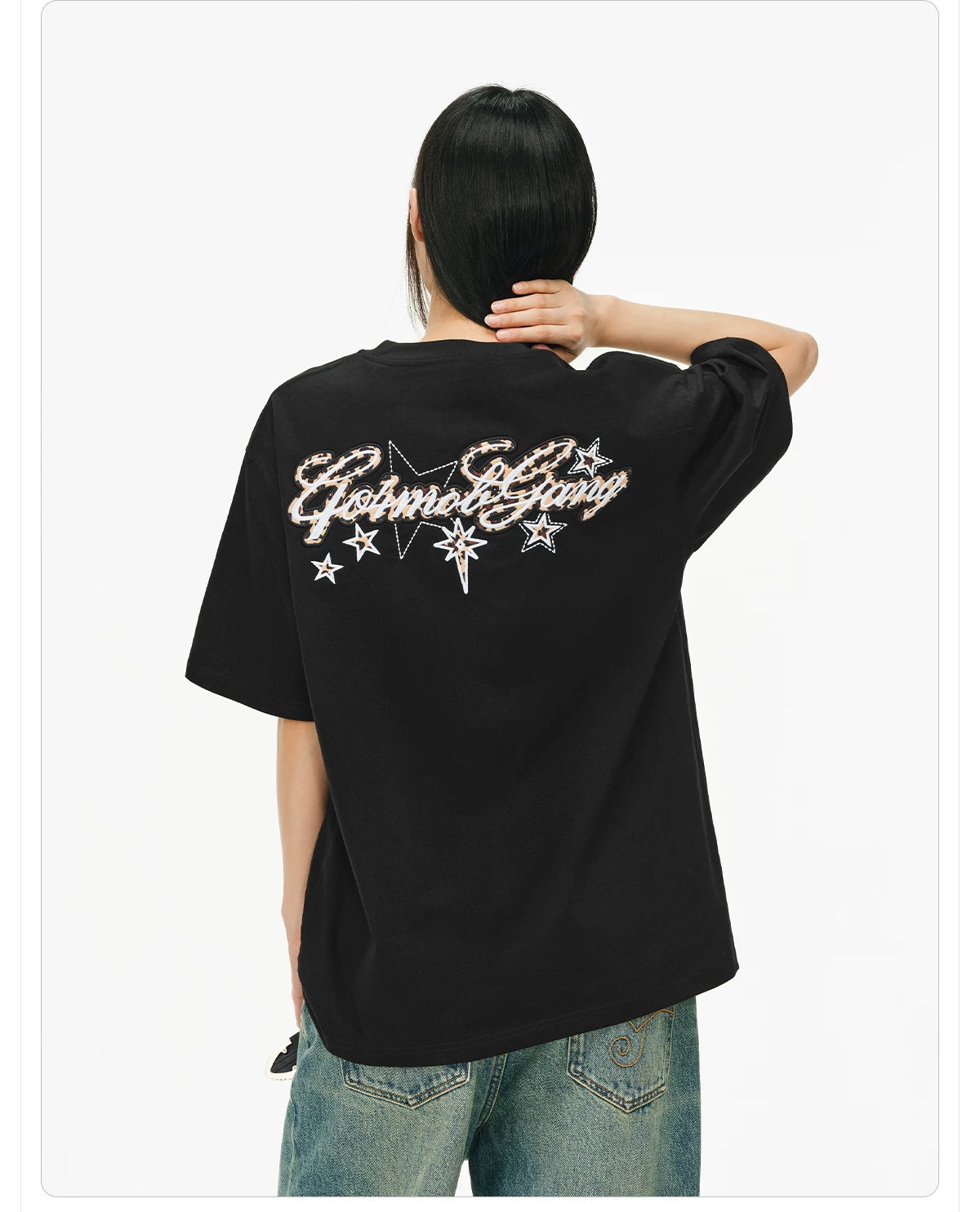 404MOB Leopard Print Star Embroidery Patch Loose Tee