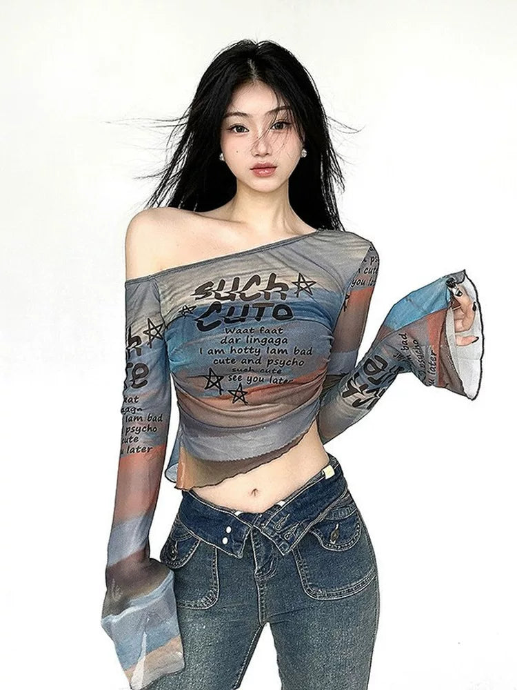 FUNOFF Smudged Letter Print Slanted Shoulder Mesh Blouse