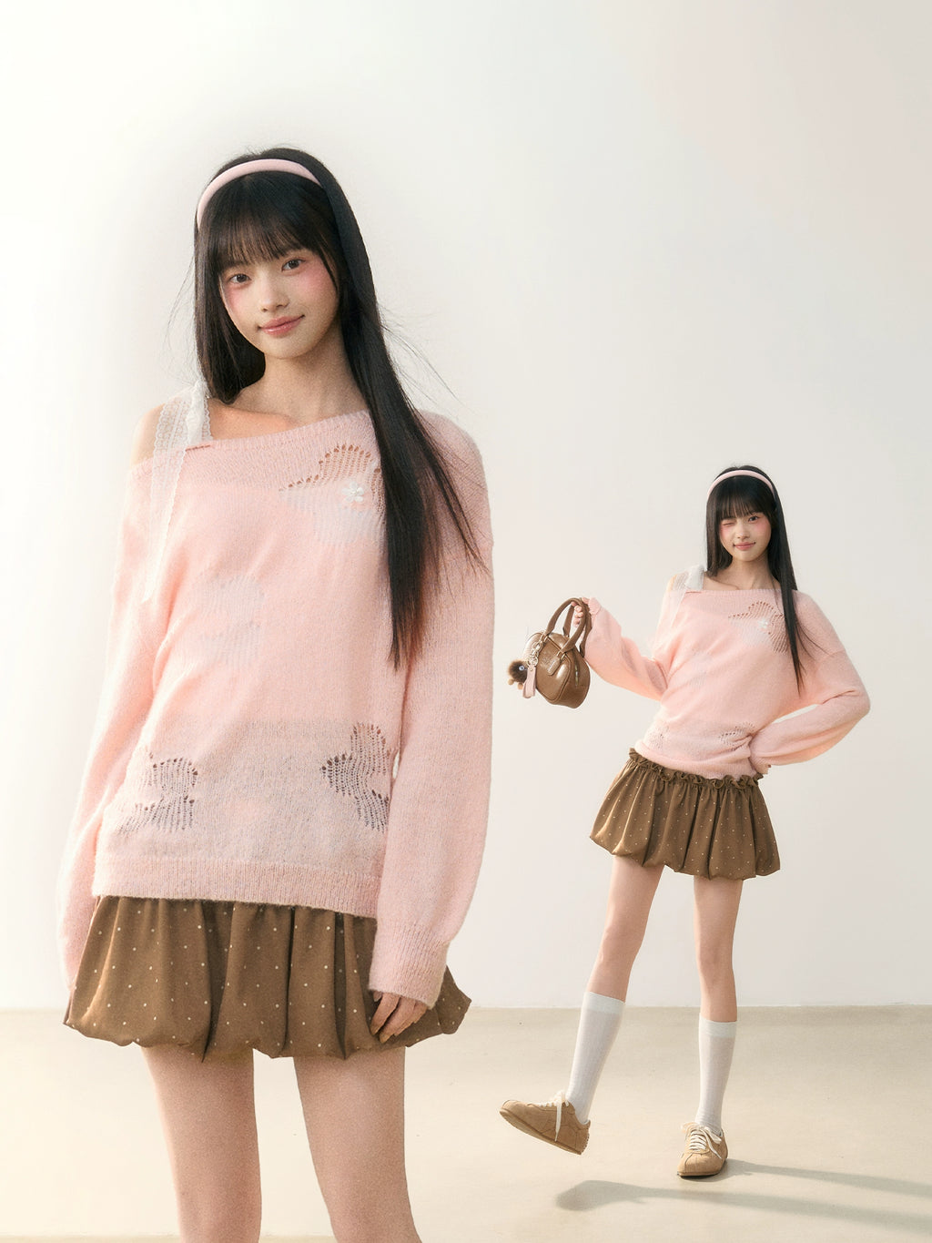 Umoumo Sweet Lace-up Knit Blouse