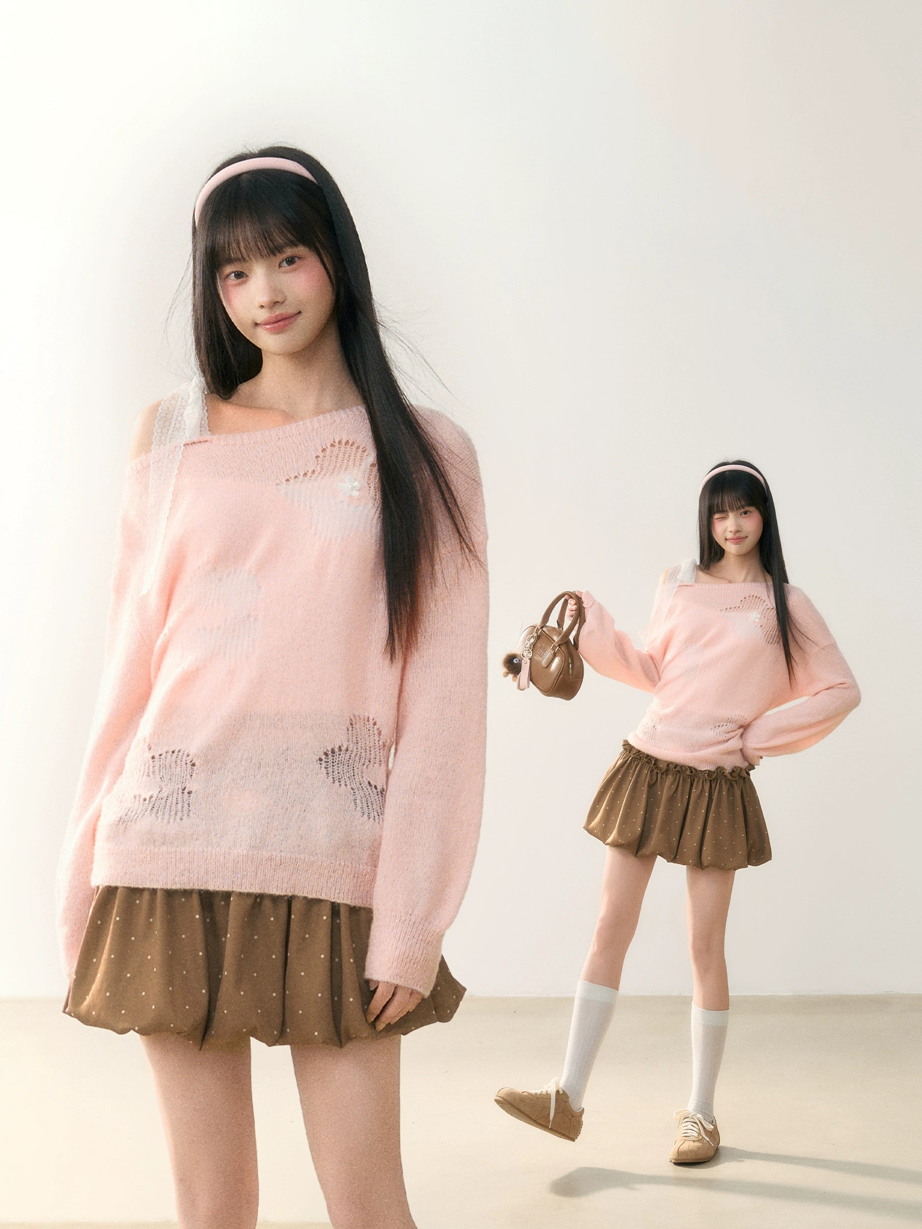 Umoumo Sweet Lace-up Knit Blouse