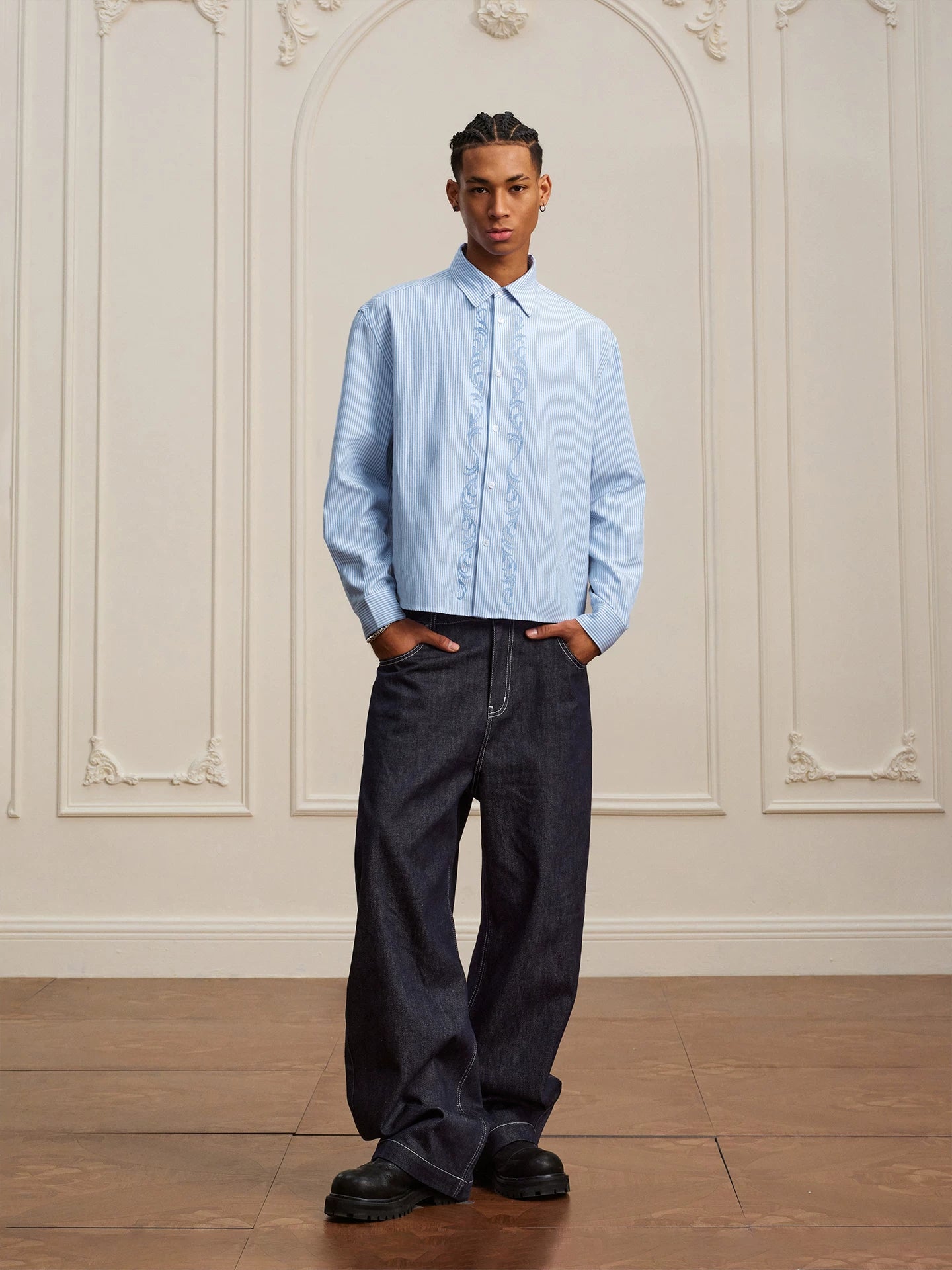 YADcrew Striped Embroidered Simple Casual Lapel Long Sleeve Shirt