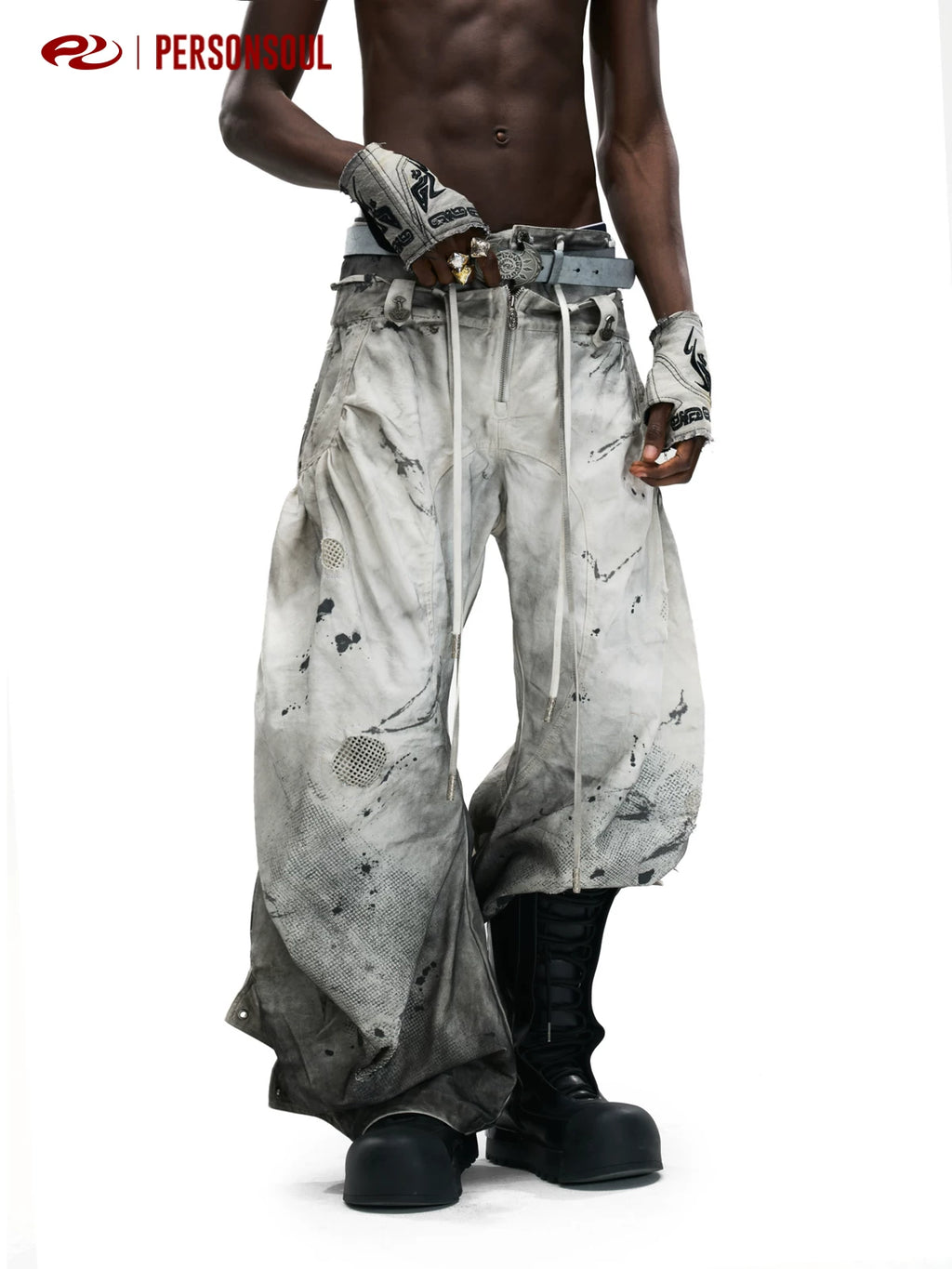 PERSONSOUL Inkjet Smudged Drawstring Jeans