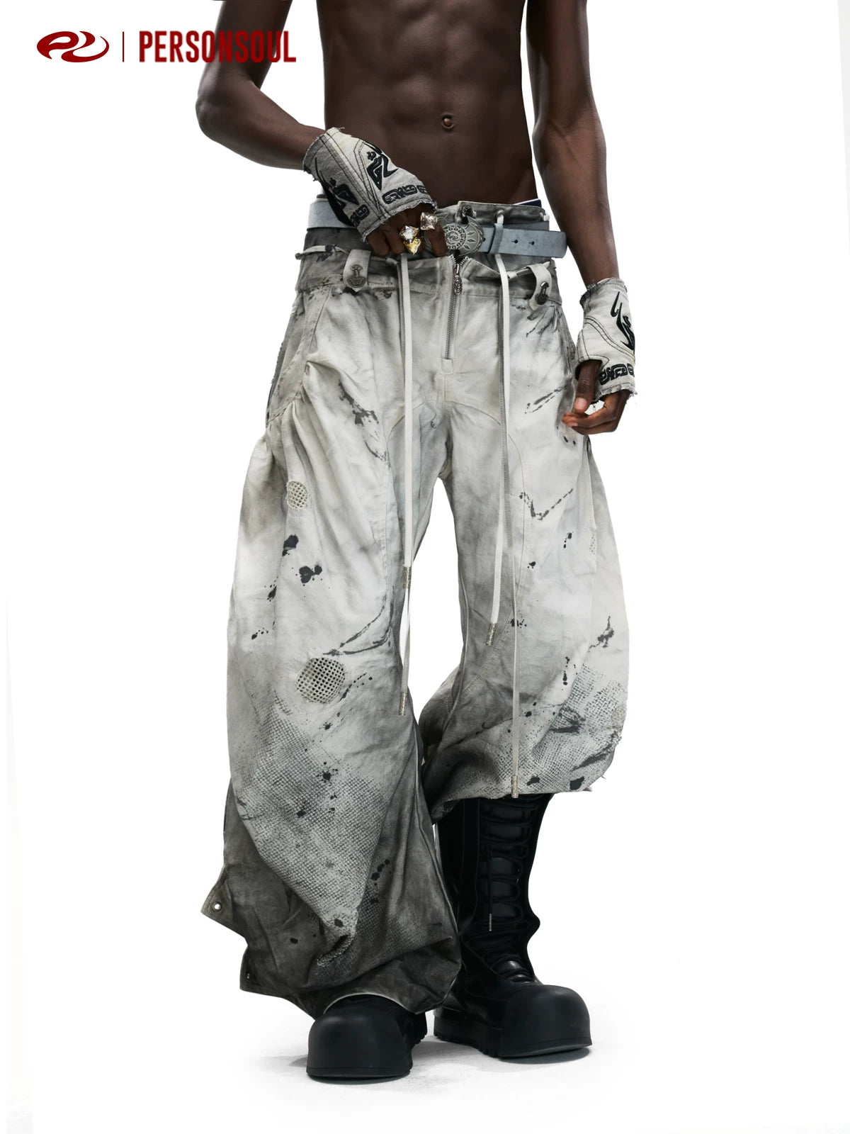 PERSONSOUL Inkjet Smudged Drawstring Jeans