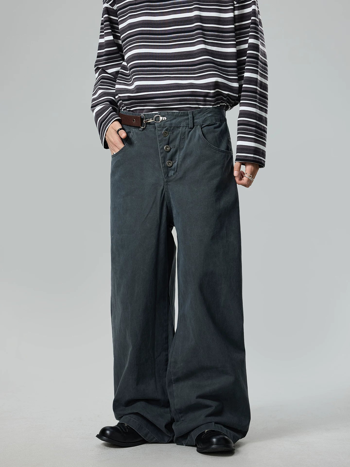 BTSG retro leather buckle waist washed gray loose wide-leg pants