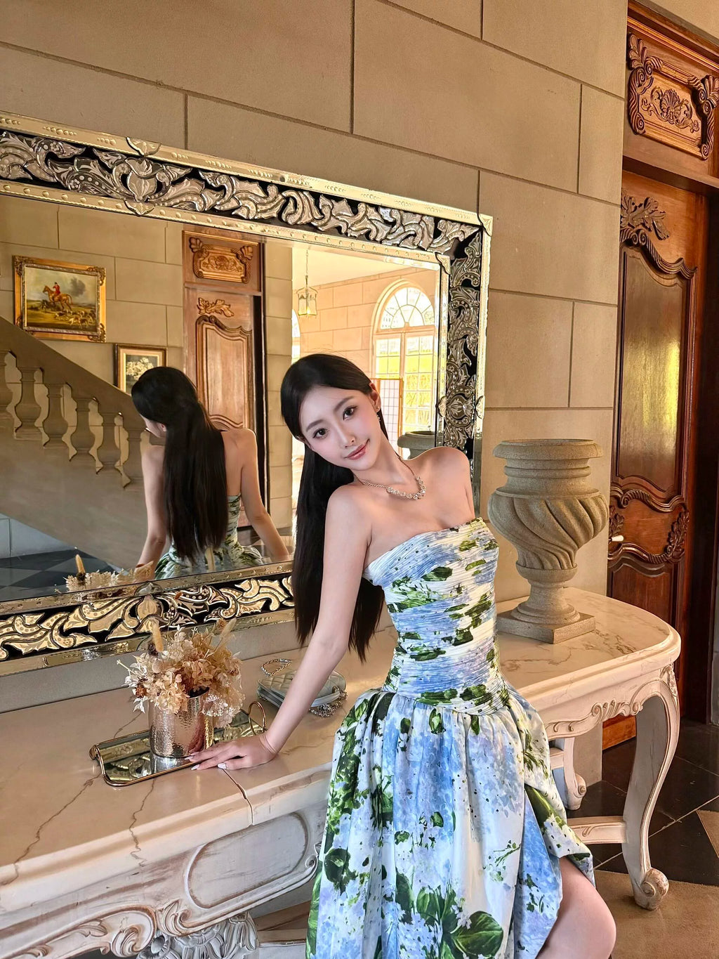 1S Pleated Shoulder Floral Split Tube Top Dress