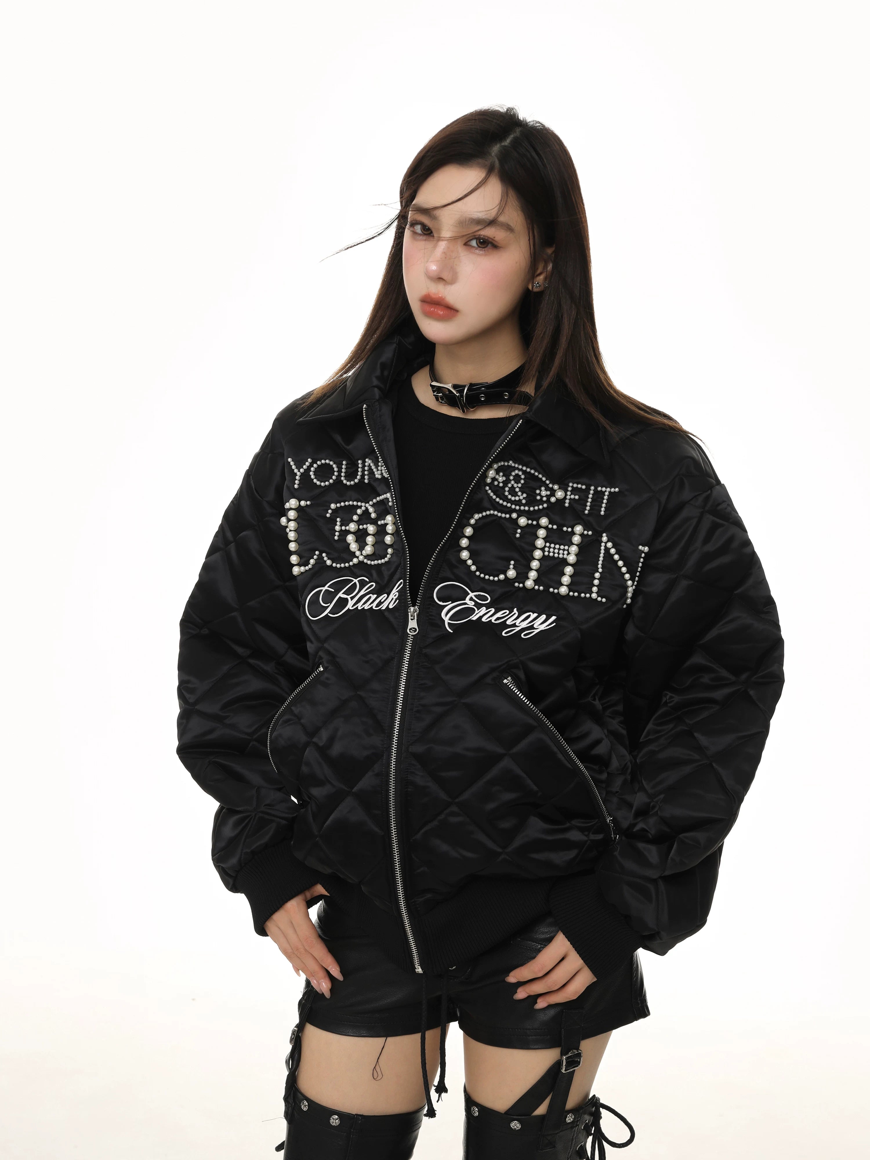 KDASE Diamond Embroidered Pearl Thickened Thermal Jacket
