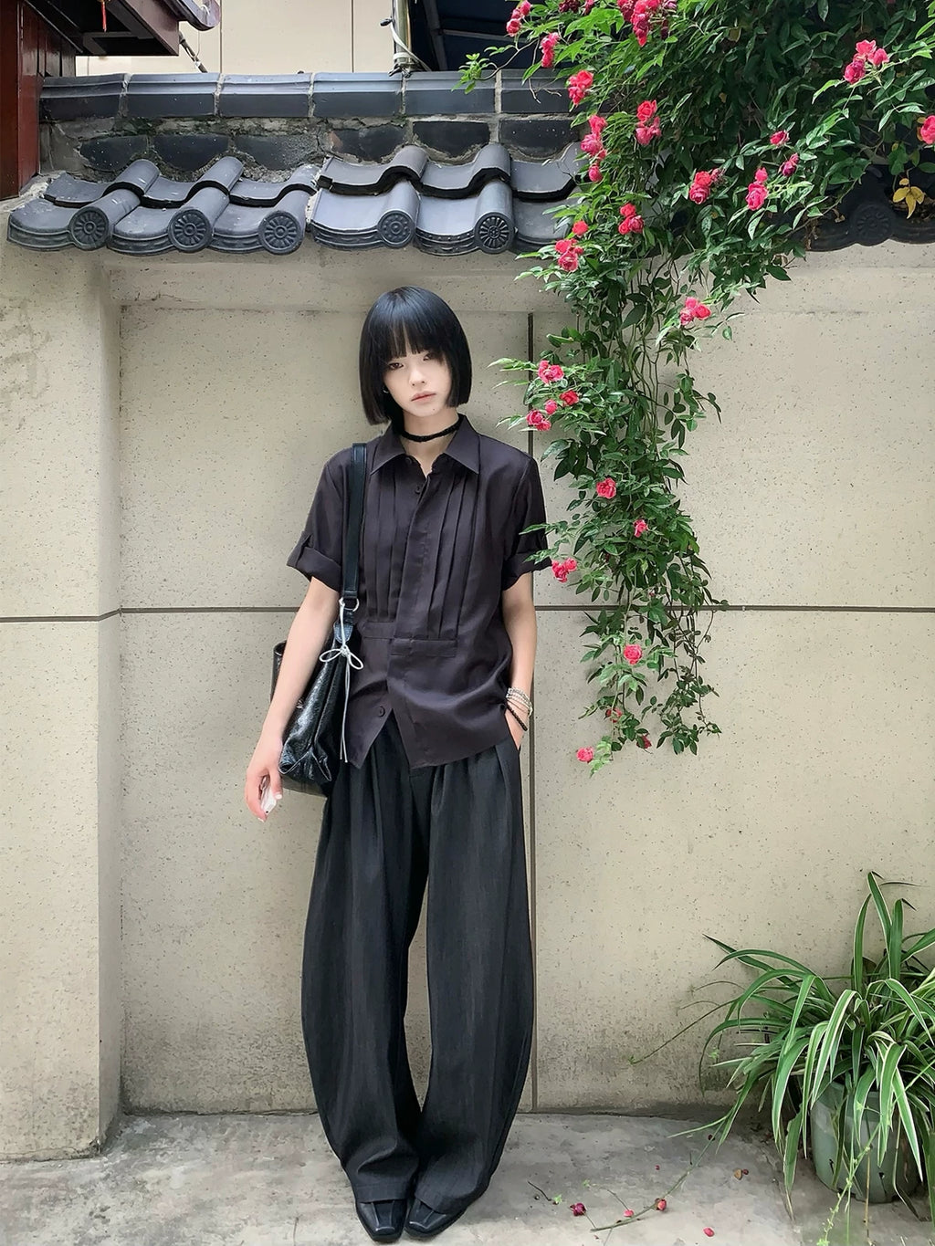 Slight Vogue Lapel Loose Large Pleated Short Sleeve Shirt