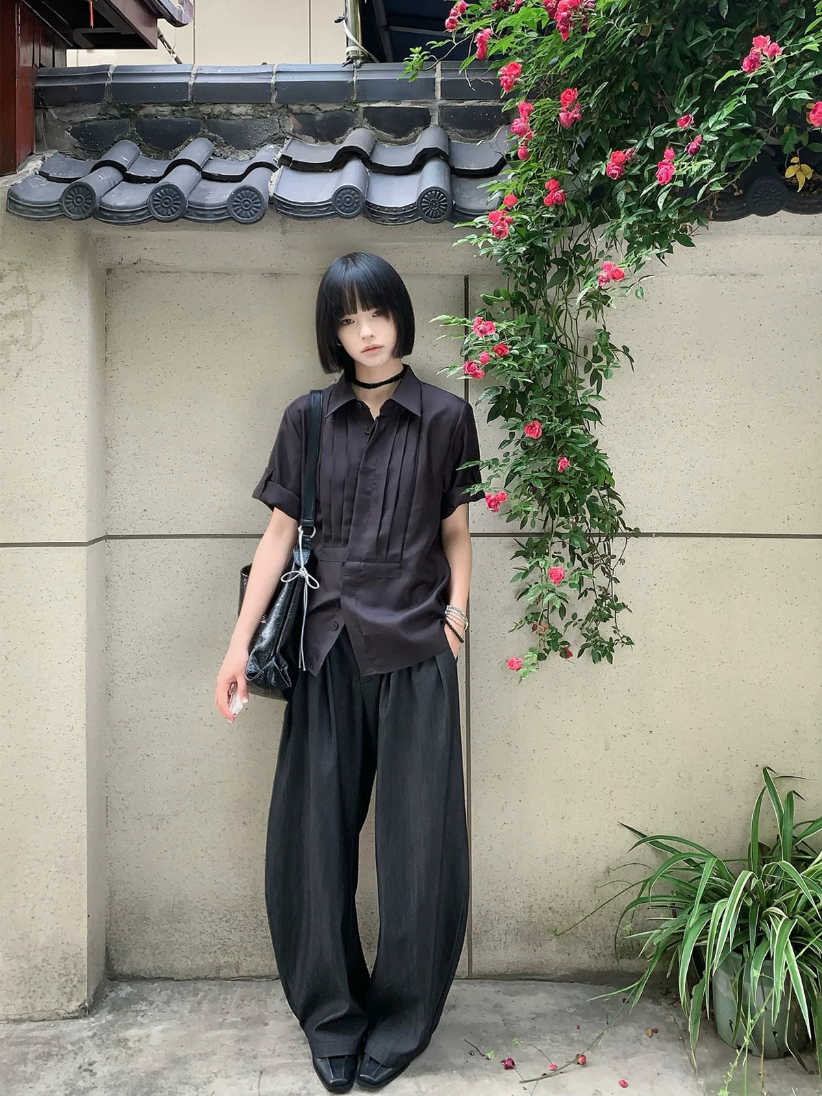 Slight Vogue Lapel Loose Large Pleated Short Sleeve Shirt