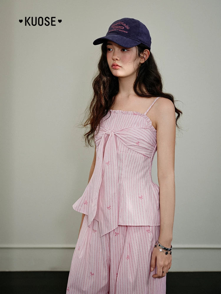 Kuose Striped Suspender Casual Pants Two-piece Set