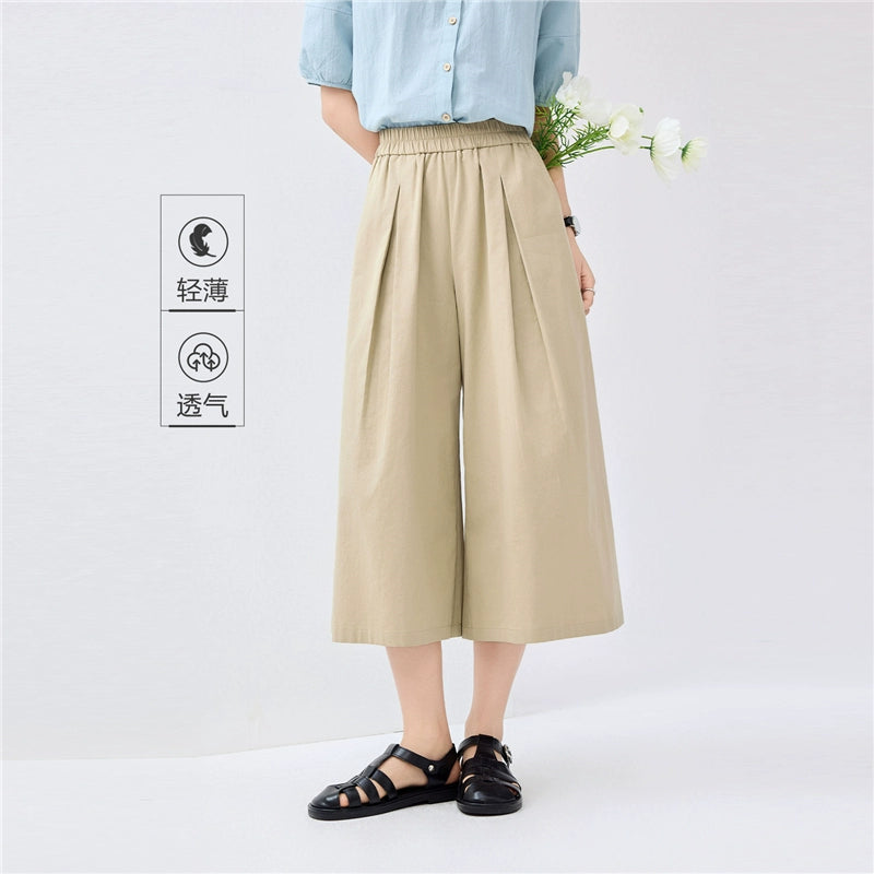 Giordano Pressed Wide-leg Pants with Elastic Waist Cropped Pants