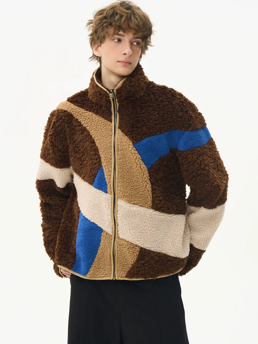 CNEW Retro Lamb Wool Spliced Loose Thermal Jacket