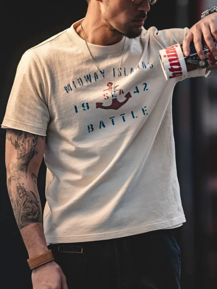 Maden Vintage Anchor Print Letter Crew Neck Tee