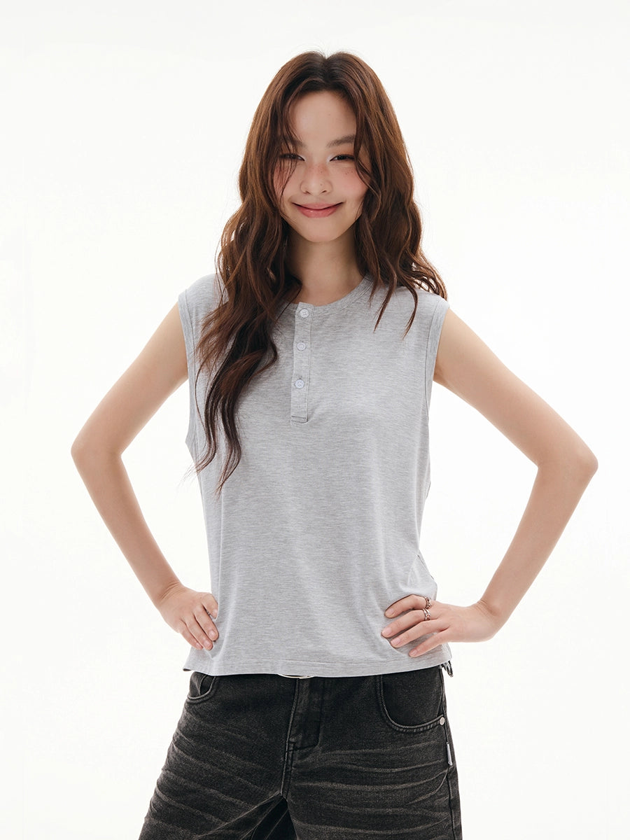 FUNKYFUN Versatile Henry Neck Loose Sleeveless Vest