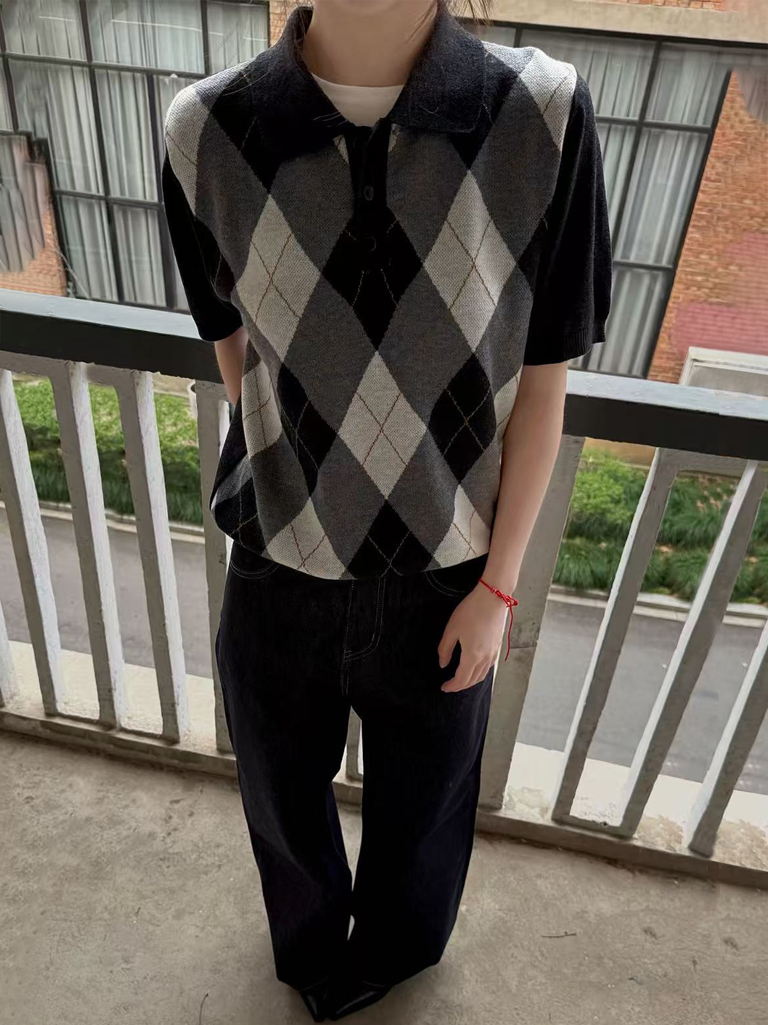 MANUSCRIPT Casual Front Shoulder Plaid Lapel Tee