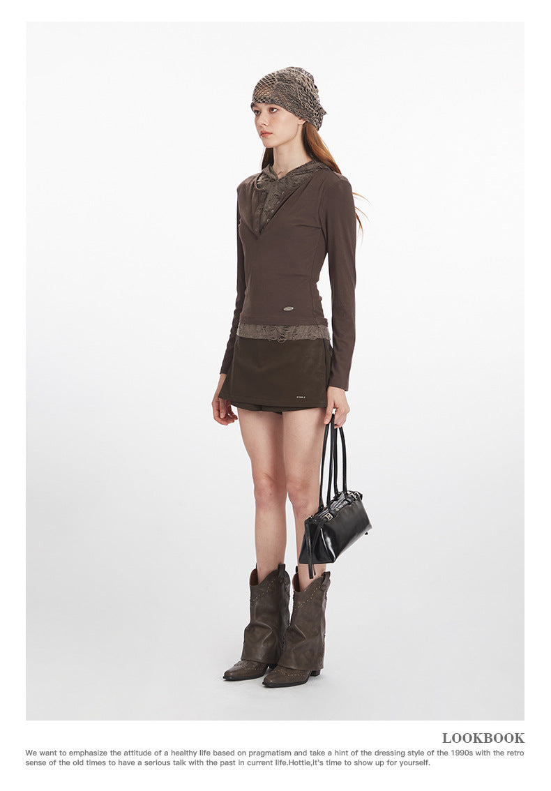 Nariele Fake Two-Piece Hooded Ripped Slim Long Sleeve