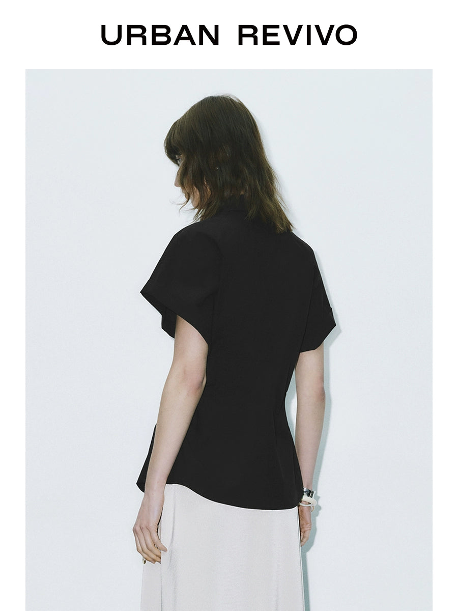 URBAN REVIVO Temperament Commuter Pleated Waist Open Shirt