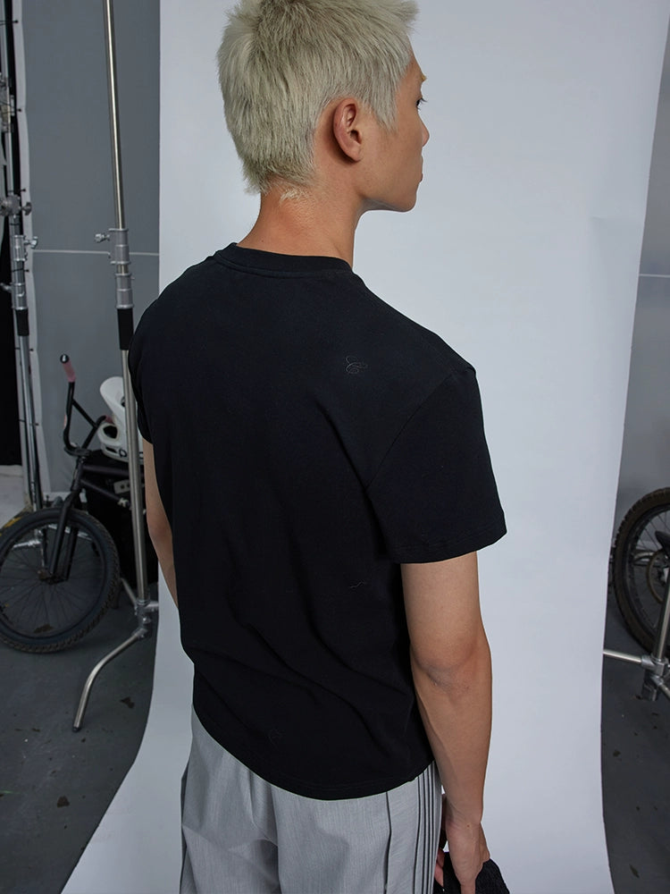 CRICLE CAGE Embroidery Slim Round Neck Versatile Tee