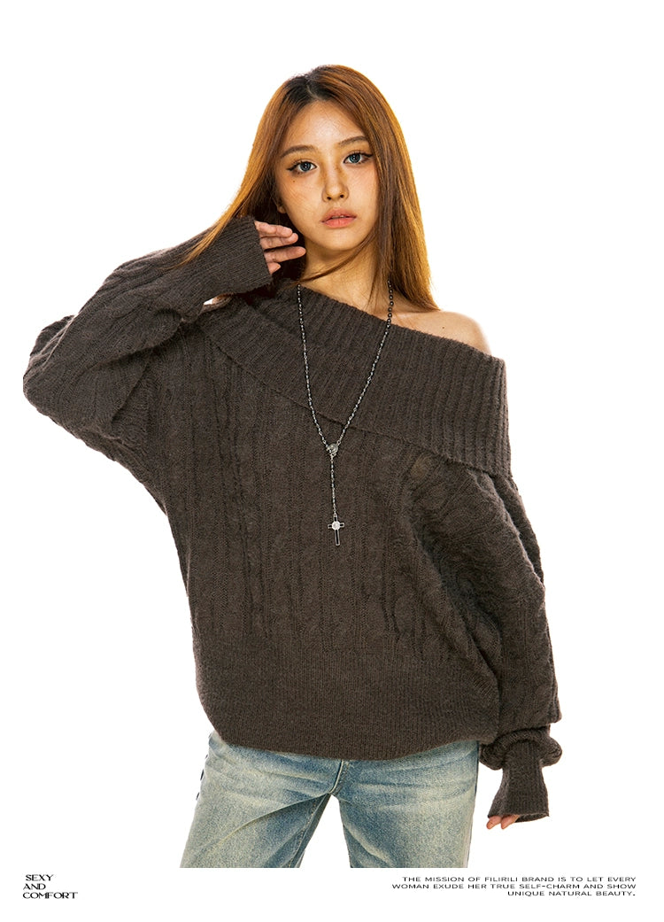 FILIRILI One-word Shoulder Lazy Loose-knit Slanted Shoulder Sweater