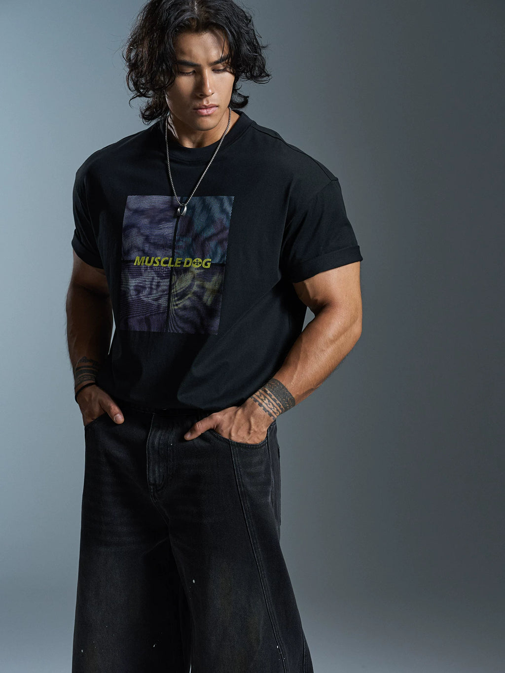 MuscleDog Large Pattern Crew Neck Loose Casual Tee