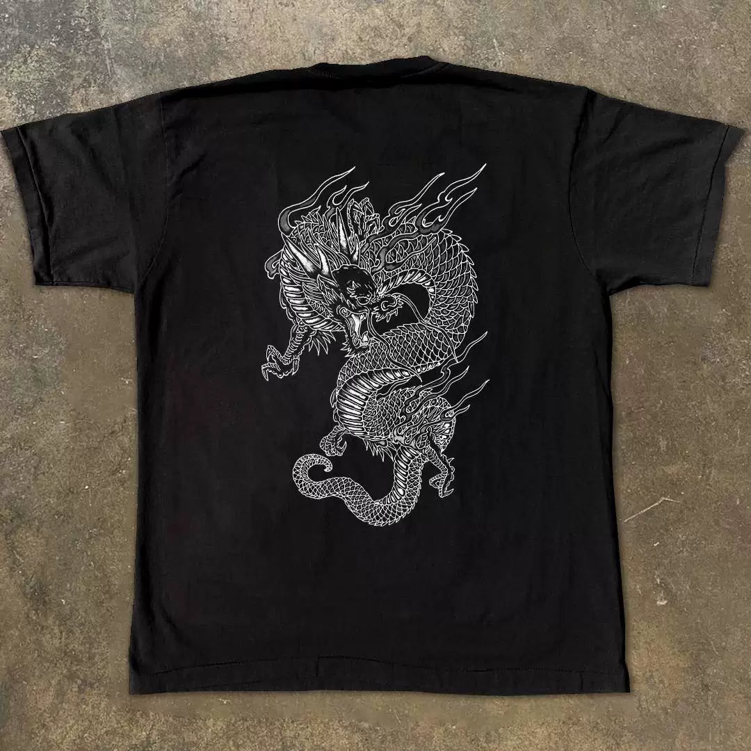 UPUPXIA Vintage Chinese Dragon Print Loose Tee