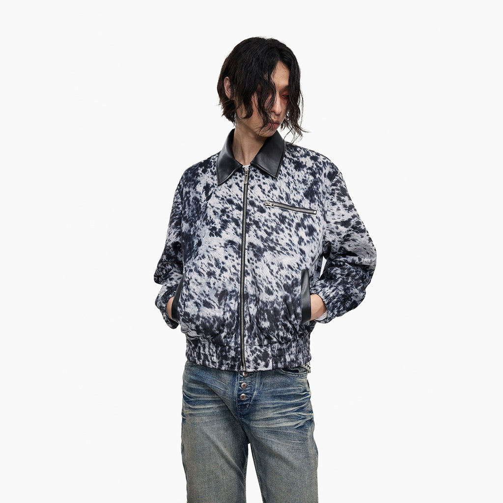 Lightinus Leopard Short Spliced Leather Lapel Jacket