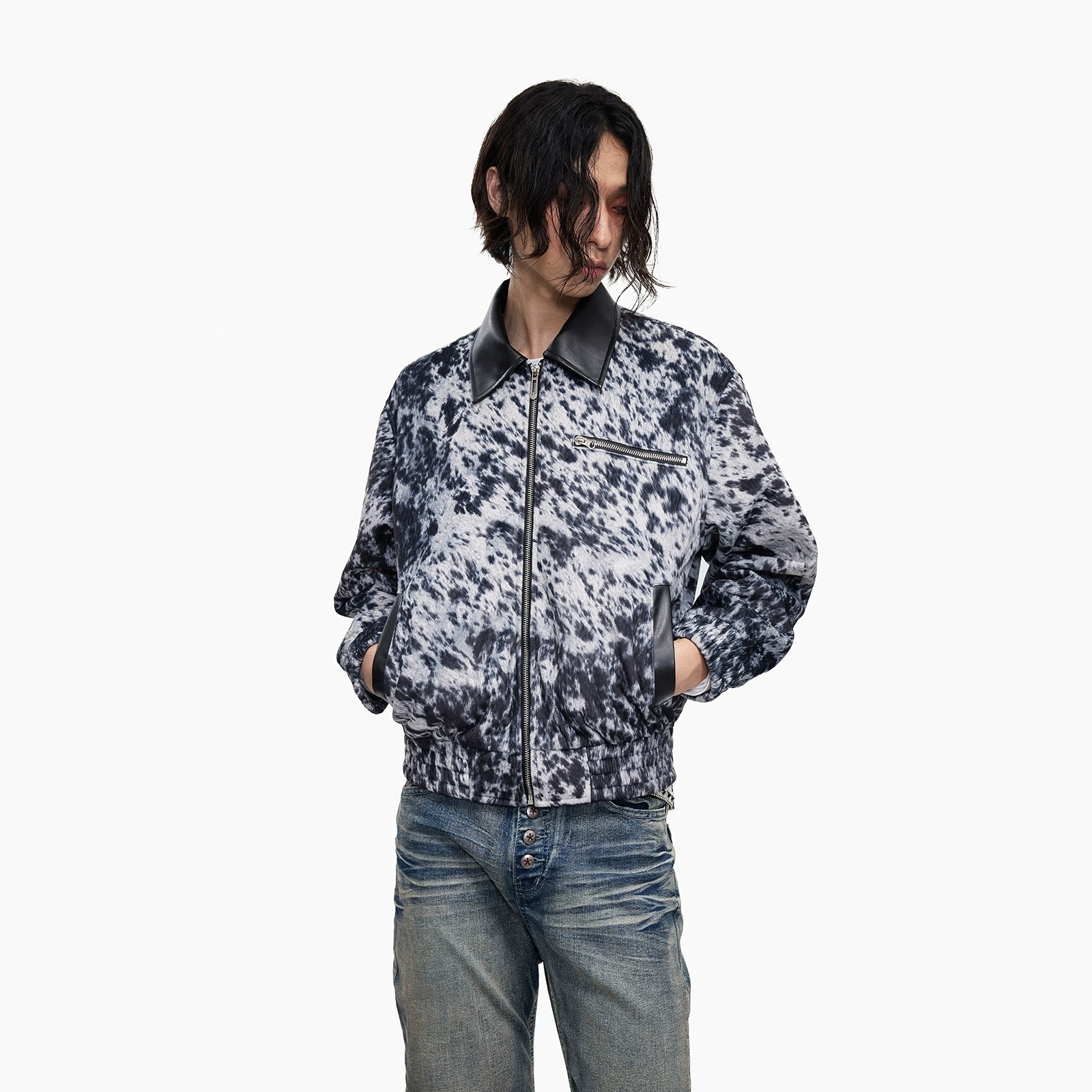 Lightinus Leopard Short Spliced Leather Lapel Jacket